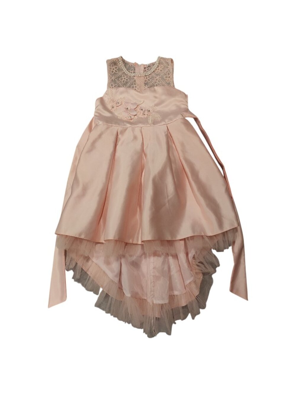 Formal Pink High Low Dress with Flowers, Pearls, Rhinestones Size 5/6 (XS/S) 120